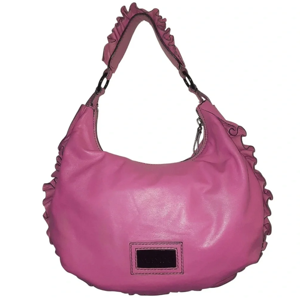 🎀 VALENTINO GARAVANI Ruffle Trimmed Nappa Leather Hobo Shoulder Bag- Hot Pink